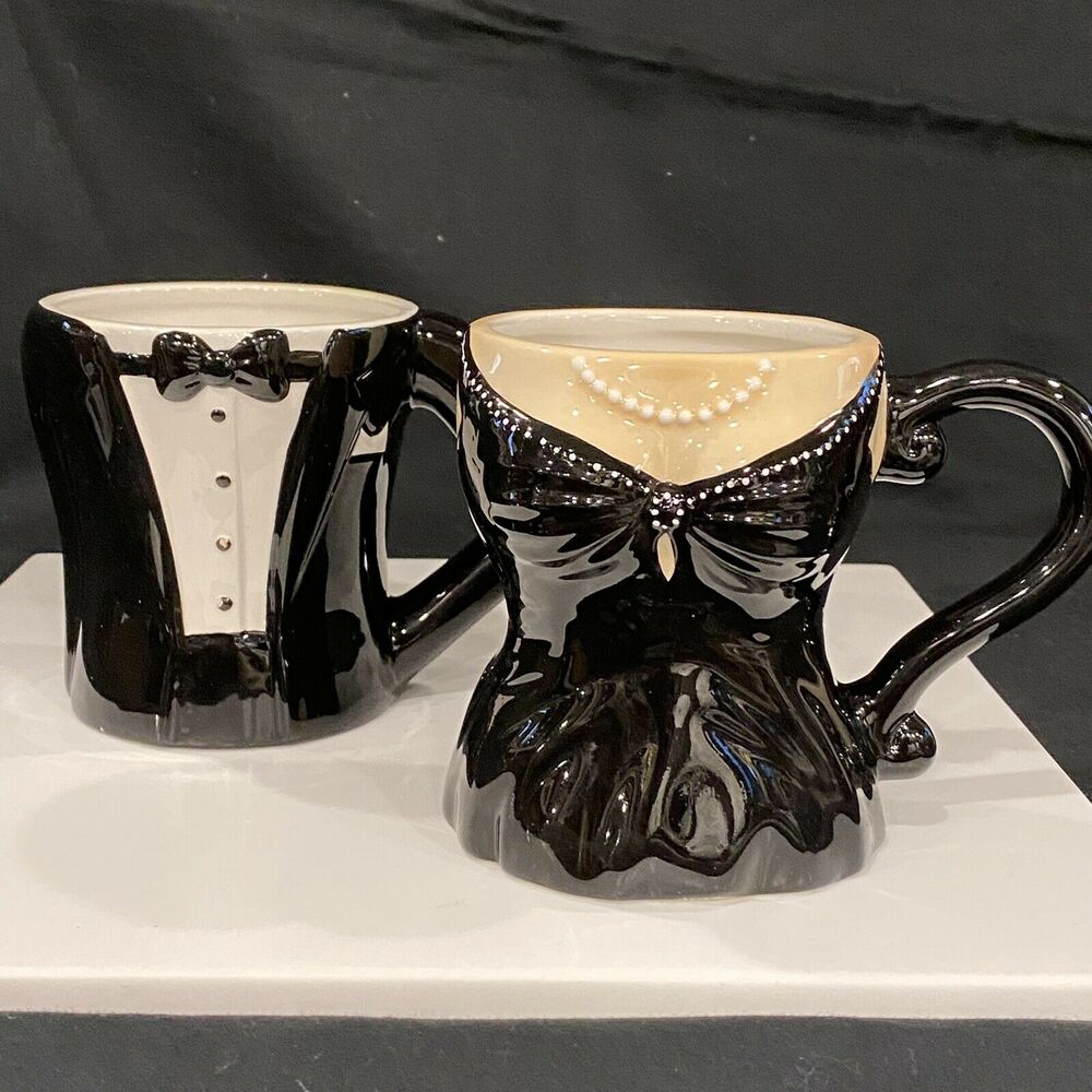 Pier 1 Ceramic Coffee Mug 2 Set Black Dress‎ Pearls-Black White Tuxedo Mug